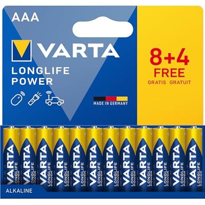 Varta Batterijen AAA, 12 stuks (8+4), Longlife Power, alkaline, 1,5 V AAA-batterij LR03, Made in Germany, tot 10 jaar houdbaar, voor spelconsole, tandenborstel, muis of controller Varta Batterijen AAA, 12 stuks (8+4), Longlife Power, alkaline, 1,5 V AAA-batterij LR03, Made in Germany, tot 10 jaar houdbaar, voor spelconsole, tandenborstel, muis of controller
