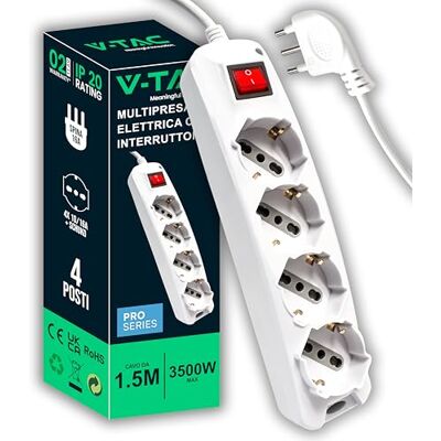 V-TAC Meervoudige stekkerdoos met 4 stopcontacten met schakelaar en 1,5 meter kabel 4 stopcontacten 10/16 A bypass + Schuko stekker 16 A stekkerdoos voor thuis, kantoor, winkel, kleur wit V-TAC Meervoudige stekkerdoos met 4 stopcontacten met schakelaar en 1,5 meter kabel 4 stopcontacten 10/16 A bypass + Schuko stekker 16 A stekkerdoos voor thuis, kantoor, winkel, kleur wit