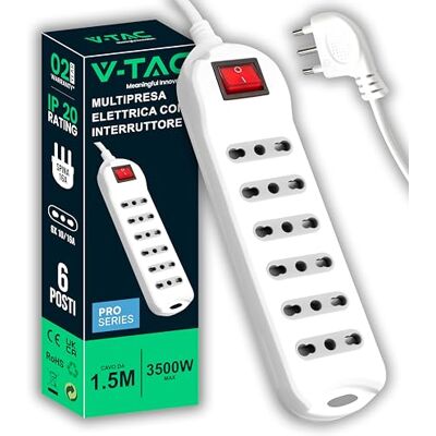 V-TAC Ruimtebesparend meervoudig stopcontact met 6 stopcontacten met schakelaar en 1,5 m lange kabel, super stabiel, 6 stopcontacten 10/16 A bypass 2P+T, stekker 16 A, stopcontact voor thuis, kantoor V-TAC Ruimtebesparend meervoudig stopcontact met 6 stopcontacten met schakelaar en 1,5 m lange kabel, super stabiel, 6 stopcontacten 10/16 A bypass 2P+T, stekker 16 A, stopcontact voor thuis, kantoor