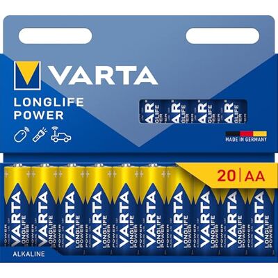 Varta Batterijen AA, 20 stuks, Longlife Power, alkaline LR6 1,5 V, Made in Germany, tot 10 jaar houdbaar, voor spelconsole, tandenborstel, muis, controller of zaklamp Varta Batterijen AA, 20 stuks, Longlife Power, alkaline LR6 1,5 V, Made in Germany, tot 10 jaar houdbaar, voor spelconsole, tandenborstel, muis, controller of zaklamp