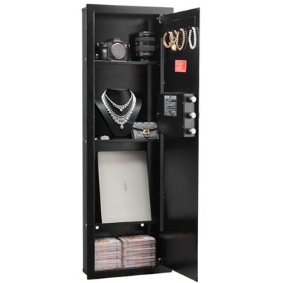 VEVOR 43,3 inch hoge wandkluis, 4-laags verborgen wandgemonteerde pistoolkluis met wachtwoord en sleutel, Q235 koudgewalste stalen inbouwdoos met LED-verlichting, 3 verstelbare planken en VEVOR 43,3 inch hoge wandkluis, 4-laags verborgen wandgemonteerde pistoolkluis met wachtwoord en sleutel, Q235 koudgewalste stalen inbouwdoos met LED-verlichting, 3 verstelbare planken en