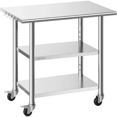 VEVOR Werktafel voor de keuken, 3 etages, roestvrij staal met wielen, 3 planken, 915 x 610 x 864 mm, werkblad max. belasting 227 kg, voorbereiding restaurant hotel catering VEVOR Werktafel voor de keuken, 3 etages, roestvrij staal met wielen, 3 planken, 915 x 610 x 864 mm, werkblad max. belasting 227 kg, voorbereiding restaurant hotel catering