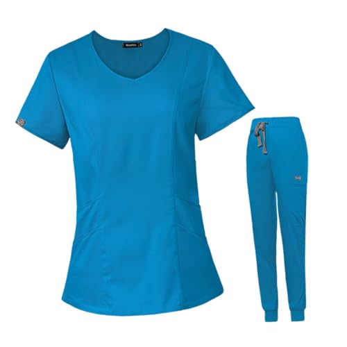 Amagogo Verplegingsscrubs Set Verplegingswerkkleding Verpleegstersdagcadeau Top en broek voor verpleging, Blauw, S