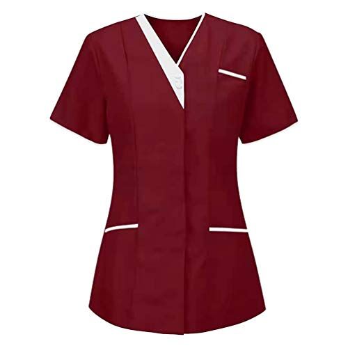 Yiiquanan Vrouwen Healthcare Tuniek V-hals Ademend korte mouw Werk Uniformen Top voor zorg en sanitaire voorzieningen, Rood   Stijl #1, L