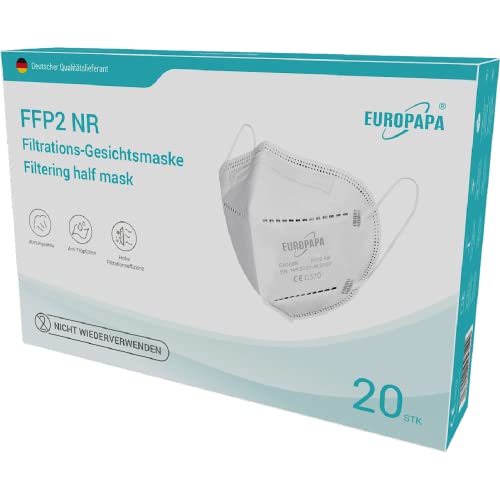 EUROPAPA ® 20x FFP2 ademhalingsmasker 5-laags stofbeschermingsmaskers hygiënisch individueel verpakt lichaamsgecertificeerd gezichtsmasker EU 2016/425