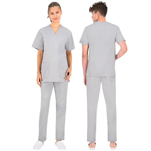 B-well Colombo Scrubs, uniseks, jas en broek, set, geneeskunde, arts, uniform, beroepskleding, dikke stof, lichtgrijs, M