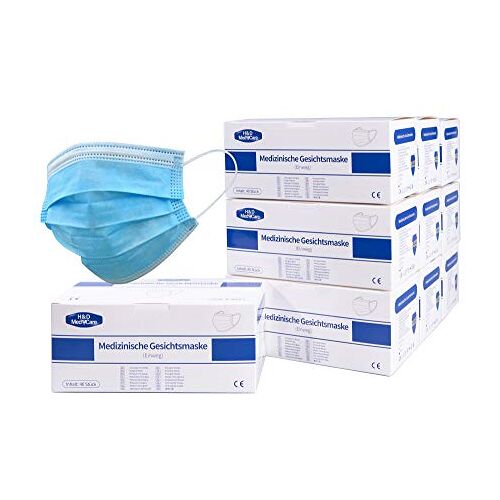 HD Fitness H&D MedeCare LTMS160 Gezichtsmasker Ademhalingsmasker Wegwerpmasker, 3 lagen, blauw, pak van 160 stuks, type: EN14693 IIR