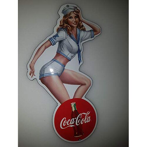 EMAILLE schild Pinup Girl COCA COLA Sign 10x20 cm EMAILBORD DEURBORD WERKINGSCHILD!