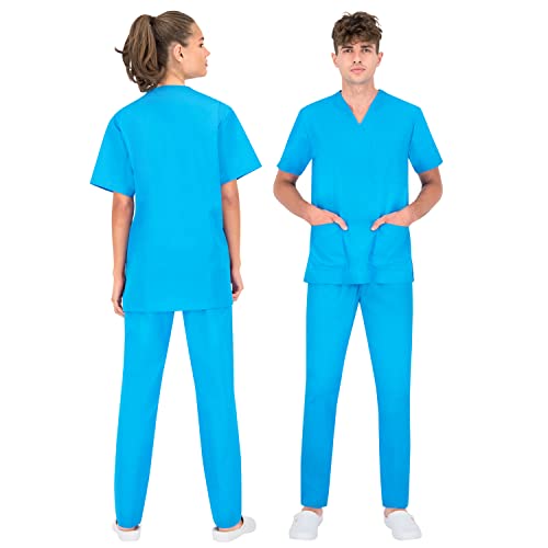 B-well Colombo Scrubs, uniseks, jas en broek, set, geneeskunde, arts, uniform, beroepskleding, dikke stof, lichtblauw, XL