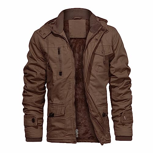 CHEXPEL Dikke winterjassen voor heren met capuchon fleece voering katoen militaire jassen werkjassen met cargozakken, Bruin-02, XL