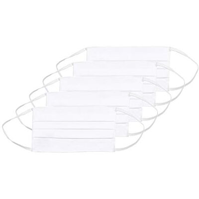 Oscar Apparels Herbruikbaar gezichtsmasker, 100% BCI-katoen met elastische lus, voor volwassenen (5 stuks), Wit, One Size (Pack of 5) Oscar Apparels Herbruikbaar gezichtsmasker, 100% BCI-katoen met elastische lus, voor volwassenen (5 stuks), Wit, One Size (Pack of 5)