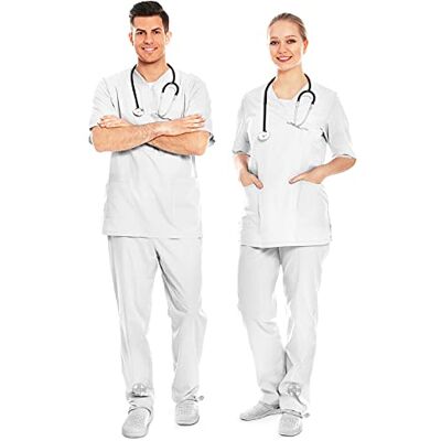 AIESI ® Medische Uniform Man Vrouw van 100% gesanforiseerd katoen Broek en Kasack V-hals (Wit, XL) AIESI ® Medische Uniform Man Vrouw van 100% gesanforiseerd katoen Broek en Kasack V-hals (Wit, XL)