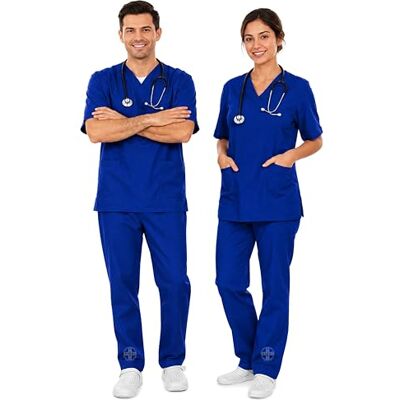 AIESI ® Medische Uniform Man Vrouw van 100% gesanforiseerd katoen Broek en Kasack V-hals (Blauw Royal, XS) AIESI ® Medische Uniform Man Vrouw van 100% gesanforiseerd katoen Broek en Kasack V-hals (Blauw Royal, XS)