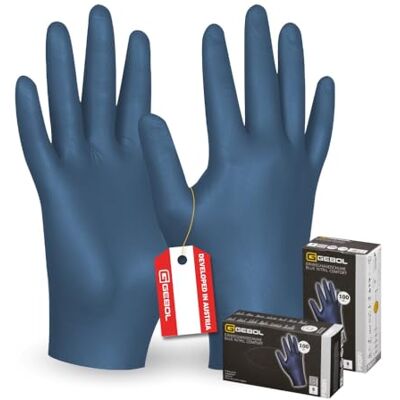 Gebol Blue Nitril Comfort Wegwerphandschoenen van nitril, latexvrij, levensmiddelverwerking en werkplaats, getextureerde vingertoppen voor heren, L, maat 9, 100 stuks Gebol Blue Nitril Comfort Wegwerphandschoenen van nitril, latexvrij, levensmiddelverwerking en werkplaats, getextureerde vingertoppen voor heren, L, maat 9, 100 stuks