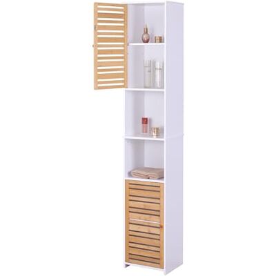 Relaxdays badkamerkast, HxBxD: 190 x 34 x 29 cm, 6 vakken, bamboe, MDF, hoog, smal, kolomkast badkamer, wit-natuur Relaxdays badkamerkast, HxBxD: 190 x 34 x 29 cm, 6 vakken, bamboe, MDF, hoog, smal, kolomkast badkamer, wit-natuur