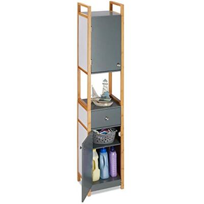 Relaxdays badkamerkast hoog, met 2 deurtjes, van mdf, met bamboe frame, ook voor de keuken, HBD 165x31,5x29 cm, grijs Relaxdays badkamerkast hoog, met 2 deurtjes, van mdf, met bamboe frame, ook voor de keuken, HBD 165x31,5x29 cm, grijs