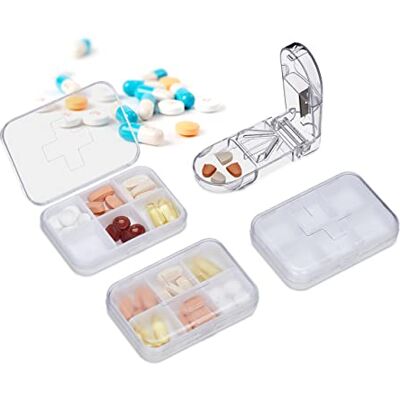 Relaxdays pillendoos, set van 3, 6 vakken, pillensnijder, reis, voor onderweg, kunststof, medicijndoos, wit Relaxdays pillendoos, set van 3, 6 vakken, pillensnijder, reis, voor onderweg, kunststof, medicijndoos, wit