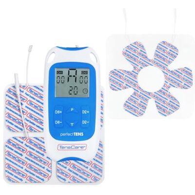 TensCare Perfect TENS – klinisch bewezen TENS-apparaat voor het verlichten van rug-, heup-, been-, artritis- en ischiaspijn + E-SF150 gewrichtselektroden TensCare Perfect TENS – klinisch bewezen TENS-apparaat voor het verlichten van rug-, heup-, been-, artritis- en ischiaspijn + E-SF150 gewrichtselektroden