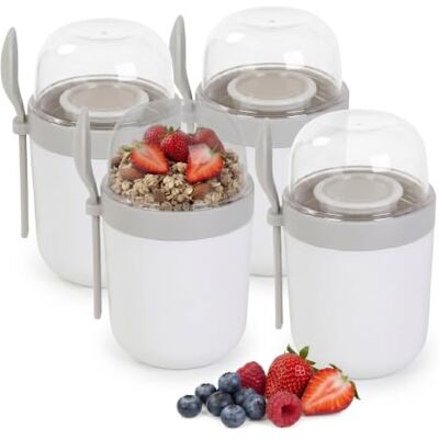 Relaxdays mueslibekers to go, set van 4, 3 vakjes, lepel, lekvrij, wit 400 & 280 ml, geschikt voor de magnetron, yoghurtbekers Relaxdays mueslibekers to go, set van 4, 3 vakjes, lepel, lekvrij, wit 400 & 280 ml, geschikt voor de magnetron, yoghurtbekers