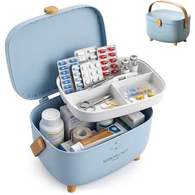 Relaxdays medicijnbox, 4 vakken, uitneembare inzet, kunststof, handvat, HxBxD: 18 x 28 x 20 cm, blauw Relaxdays medicijnbox, 4 vakken, uitneembare inzet, kunststof, handvat, HxBxD: 18 x 28 x 20 cm, blauw