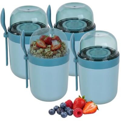 Relaxdays mueslibekers to go, set van 4, 3 vakken, lepel, lekvrij, blauw 400 & 280 ml, geschikt voor de magnetron, yoghurtbekers Relaxdays mueslibekers to go, set van 4, 3 vakken, lepel, lekvrij, blauw 400 & 280 ml, geschikt voor de magnetron, yoghurtbekers