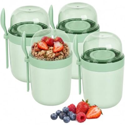 Relaxdays mueslibekers onderweg, set 4, 3 vakjes, lepel, lekvrij, groen 400 & 280 ml, geschikt voor de magnetron, yoghurtbekers Relaxdays mueslibekers onderweg, set 4, 3 vakjes, lepel, lekvrij, groen 400 & 280 ml, geschikt voor de magnetron, yoghurtbekers