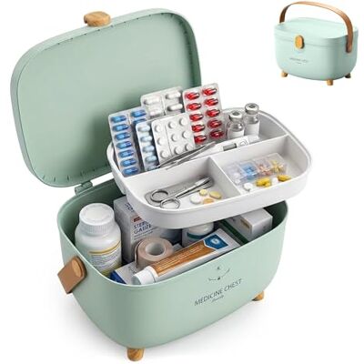 Relaxdays medicijnbox, 4 vakken, uitneembare inzet, huisapotheek, kunststof, HxBxD: 18 x 28 x 20 cm, groen Relaxdays medicijnbox, 4 vakken, uitneembare inzet, huisapotheek, kunststof, HxBxD: 18 x 28 x 20 cm, groen