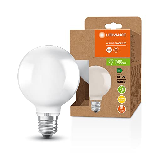 Ledvance LED spaarlamp, frosted globe, E27, warm wit (3000K), 4 watt, vervangt 60W gloeilamp, zeer efficiënt en energiebesparend, set van 1