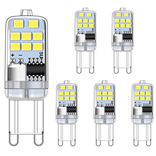 Ugvmn G9 Ledlampen, 2 W, koudwit, 6000 K, komt overeen met 15 W, 20 W, halogeenlampen, G9-gloeilampen, niet dimbaar, G9-fitting, energiespaarlamp, 200 lumen, AC 220-240 V, pak van 5