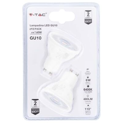 V-TAC Gu10 6W LED-lampen, spotlight, 6400K, 2 stuks V-TAC Gu10 6W LED-lampen, spotlight, 6400K, 2 stuks