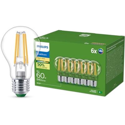 Philips UltraEfficient LED-lamp, Energie-efficiëntieklasse A, met E27 fitting, 60W, Transparant, Warmwit licht; 2700K, 6 verpakking Philips UltraEfficient LED-lamp, Energie-efficiëntieklasse A, met E27 fitting, 60W, Transparant, Warmwit licht; 2700K, 6 verpakking