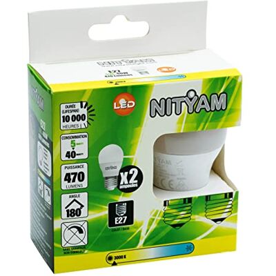 Nityam Set van 2 ledlampen, 5 W, 470 lumen, E27-fitting, warm wit, 3000 K, stralingshoek 180 graden Nityam Set van 2 ledlampen, 5 W, 470 lumen, E27-fitting, warm wit, 3000 K, stralingshoek 180 graden