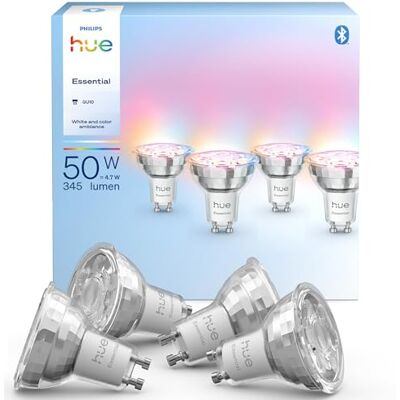 Philips Essential Smart LED GU10 Spotlight Bulb, Wit en gekleurd licht, 4.7W, 2200K-6500K, 345 Lumen, Dimbaar, Compatibel met Alexa, Google Assistant, en Apple Home 4 lampen Philips Essential Smart LED GU10 Spotlight Bulb, Wit en gekleurd licht, 4.7W, 2200K-6500K, 345 Lumen, Dimbaar, Compatibel met Alexa, Google Assistant, en Apple Home 4 lampen