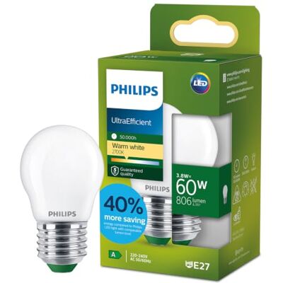 Philips UltraEfficient LED lamp, P45 Kogellamp, E14-fitting, Energielabel A, 806 lumen, 60W Equivalent, Warmwit licht: 2700K, EyeComfort, Lange levensduur, Mat glas, 1-pack Philips UltraEfficient LED lamp, P45 Kogellamp, E14-fitting, Energielabel A, 806 lumen, 60W Equivalent, Warmwit licht: 2700K, EyeComfort, Lange levensduur, Mat glas, 1-pack