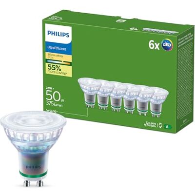 Philips UltraEfficient LED GU10 Spotjes, 6-pack, 375 Lumen, 50W, Knippervrij, EyeComfort, Lange Levensduur, Warmwit Licht 2700K Philips UltraEfficient LED GU10 Spotjes, 6-pack, 375 Lumen, 50W, Knippervrij, EyeComfort, Lange Levensduur, Warmwit Licht 2700K