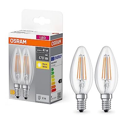 OSRAM BASE kerte filament 40 LED-pære med E14-sokkel, klassisk pæreform, 2-pak, 4W, 470lm, 2700K, varmt hvidt lys, lav varmeeffekt, lang levetid, lavt energiforbrug OSRAM BASE kerte filament 40 LED-pære med E14-sokkel, klassisk pæreform, 2-pak, 4W, 470lm, 2700K, varmt hvidt lys, lav varmeeffekt, lang levetid, lavt energiforbrug