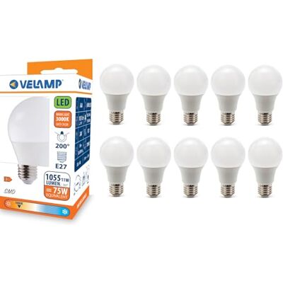 Velamp LED-lamp, standaard A60, E27-fitting, 12 W (1055 lumen komt overeen met 75 W), warm wit licht 3000 K, SMD-technologie, 200° bundel, verpakking van 10 lampen Velamp LED-lamp, standaard A60, E27-fitting, 12 W (1055 lumen komt overeen met 75 W), warm wit licht 3000 K, SMD-technologie, 200° bundel, verpakking van 10 lampen