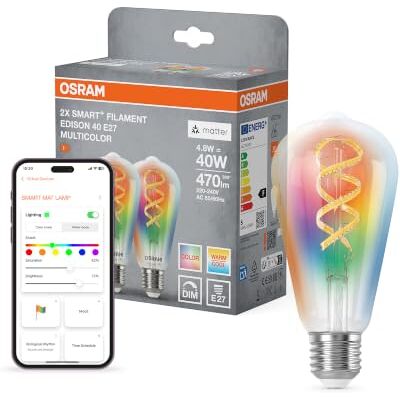 OSRAM SMART+ RGB Filament Edisonlamp, Matter via Wifi, 2 st., E27, 5W, 16 mln kleuren, 2700–6500K, werkt met Alexa, Google, Apple OSRAM SMART+ RGB Filament Edisonlamp, Matter via Wifi, 2 st., E27, 5W, 16 mln kleuren, 2700–6500K, werkt met Alexa, Google, Apple