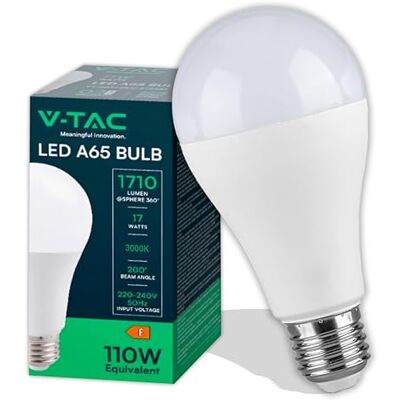 V-TAC LED-lamp A65 met E27-fitting, vermogen 17 W (komt overeen met 110 W) – lamp van de nieuwe generatie – 1710 lumen – maximale efficiëntie en energiebesparing – 3000 K warm licht V-TAC LED-lamp A65 met E27-fitting, vermogen 17 W (komt overeen met 110 W) – lamp van de nieuwe generatie – 1710 lumen – maximale efficiëntie en energiebesparing – 3000 K warm licht