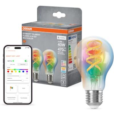 OSRAM SMART+ RGB Filamentlamp, Matter via Wifi, 2 st., E27, 5W, 16 mln kleuren, 2700–6500K, werkt met Alexa, Google, Apple OSRAM SMART+ RGB Filamentlamp, Matter via Wifi, 2 st., E27, 5W, 16 mln kleuren, 2700–6500K, werkt met Alexa, Google, Apple