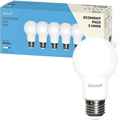 Garza Ledlampen, E27, 9 W, neutraal licht, 4000 K, 810 lumen, 240 graden stralingshoek, niet dimbaar, 5 stuks in doos Garza Ledlampen, E27, 9 W, neutraal licht, 4000 K, 810 lumen, 240 graden stralingshoek, niet dimbaar, 5 stuks in doos