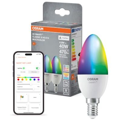 OSRAM SMART+ Kaarslamp, Matter via Wifi, 2 st., E14, 9W, 16 mln kleuren, 2700–6500K, werkt met Alexa, Google, Apple OSRAM SMART+ Kaarslamp, Matter via Wifi, 2 st., E14, 9W, 16 mln kleuren, 2700–6500K, werkt met Alexa, Google, Apple