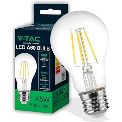 V-TAC Lampadina LED-filament met fitting E27, 6 W (komt overeen met 45 W), A60-600 lumen, led-lampvermogen, hoge efficiëntie en energiebesparing, 4000 K, natuurlijk wit licht V-TAC Lampadina LED-filament met fitting E27, 6 W (komt overeen met 45 W), A60-600 lumen, led-lampvermogen, hoge efficiëntie en energiebesparing, 4000 K, natuurlijk wit licht