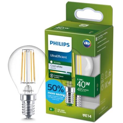 Philips Ultra Efficient LED kogellamp Transparant 40 W E14 Koelwit licht Energielabel A Philips Ultra Efficient LED kogellamp Transparant 40 W E14 Koelwit licht Energielabel A