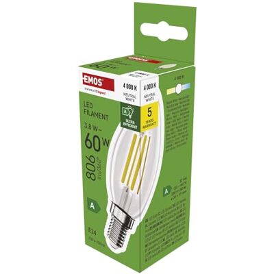 EMOS Edison Ledgloeilamp, 3,8 W, vervanging voor 60 W gloeilamp, klasse A, E14-fitting, helderheid 806 lm, neutraal wit 4000 K, lange levensduur 50.000 uur, CRI min.80, 360° stralingshoek EMOS Edison Ledgloeilamp, 3,8 W, vervanging voor 60 W gloeilamp, klasse A, E14-fitting, helderheid 806 lm, neutraal wit 4000 K, lange levensduur 50.000 uur, CRI min.80, 360° stralingshoek