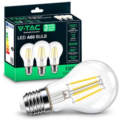 V-TAC 3 x led-gloeilamp E27 filament 10 W (komt overeen met 75W) A60 – warmwit 3000 K – maximale efficiëntie – 1055 lumen – decoratief filament – led-gloeilampen – spaarlamp – 3 stuks V-TAC 3 x led-gloeilamp E27 filament 10 W (komt overeen met 75W) A60 – warmwit 3000 K – maximale efficiëntie – 1055 lumen – decoratief filament – led-gloeilampen – spaarlamp – 3 stuks