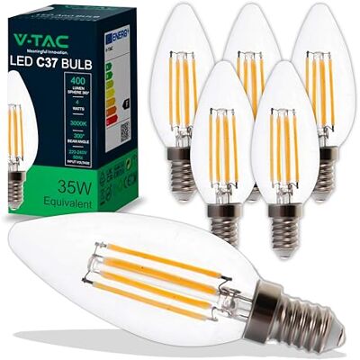 V-TAC 6 x led-gloeilamp, kaarsfilament E14 4 W (komt overeen met 35 W), warm wit 400 lumen, verpakking van 6 stuks, maximale efficiëntie, decoratieve filament, led-gloeilampen, spaarlamp, 3000 K V-TAC 6 x led-gloeilamp, kaarsfilament E14 4 W (komt overeen met 35 W), warm wit 400 lumen, verpakking van 6 stuks, maximale efficiëntie, decoratieve filament, led-gloeilampen, spaarlamp, 3000 K