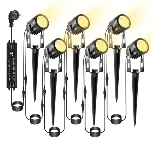 ECOWHO Tuinverlichting,  set van 6 tuinlampen met grondpin, IP65 waterdichte LED tuinspot met stekker, warm witte spot, tuinlamp, tuinpadverlichting, buitenverlichting voor buitengebruik