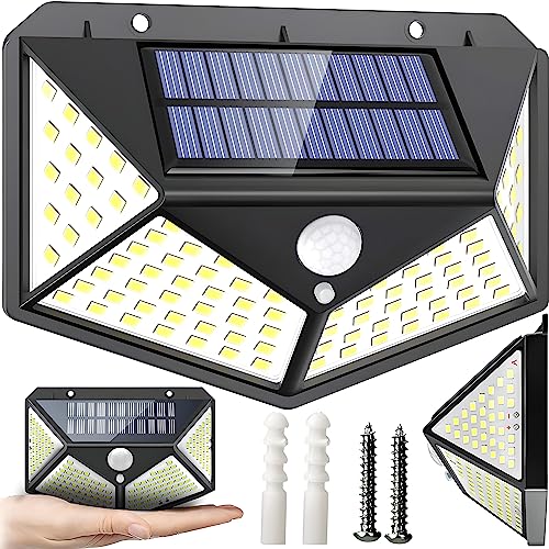 Retoo Zonnelampen superheldere voor buiten, met bewegingsmelder en 100 leds, IP65, zonnelamp met bewegingsmelder, 2400 mAh batterij, waterdichte wandlamp, zonnelicht tuin, buitenlamp