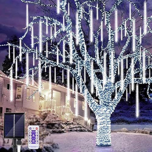 SHANJIA LED Outdoor String Solar, Regenlichten, Meteoor Lichten, Meteoor Regenlichten 30cm 8 Buis Zonne-regenlichten met voor Kerstfeesten Bruiloft Kerstboom (Wit, 50CM)